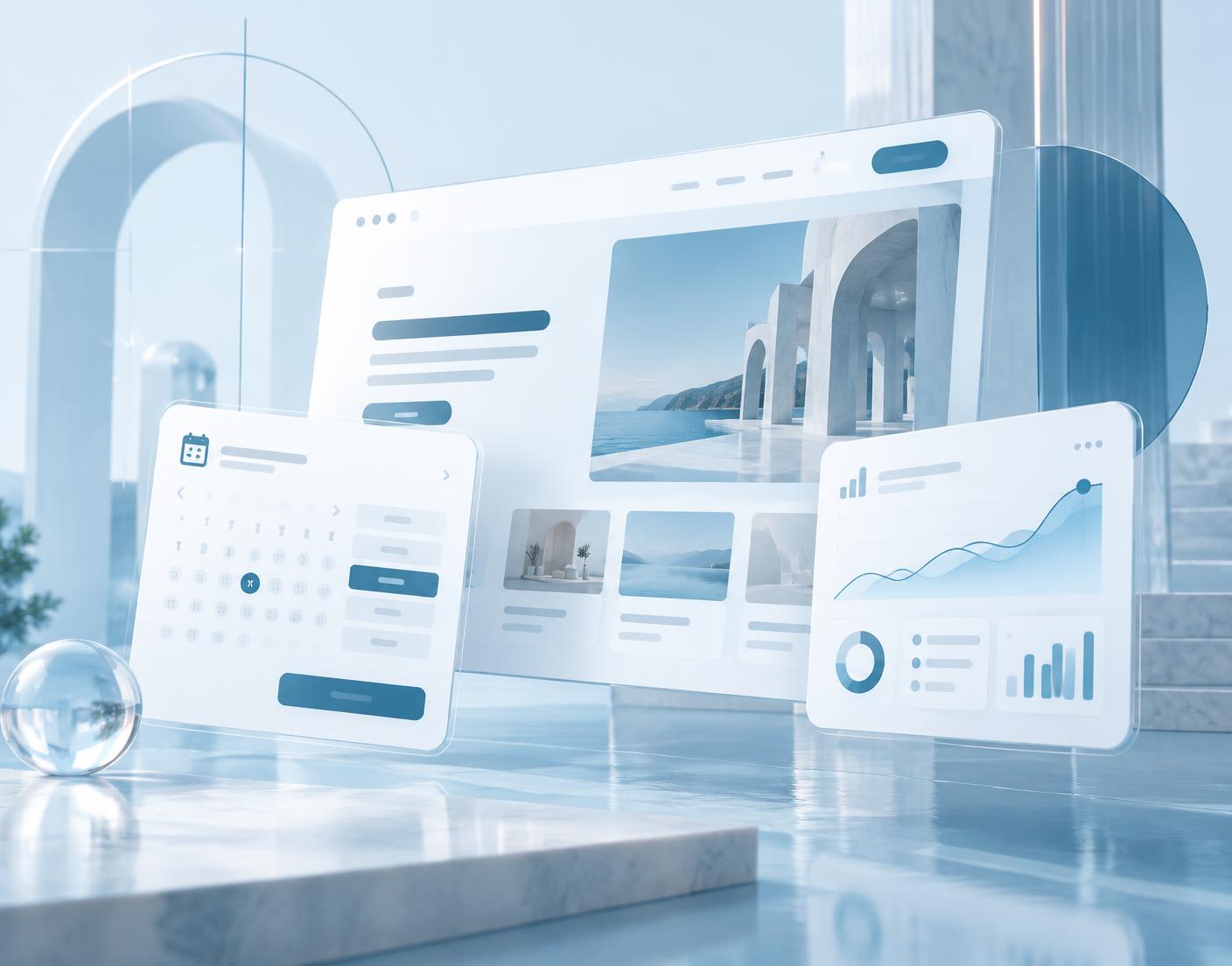 Abstract illustration of a business website, appointment booking interface and analytics dashboard